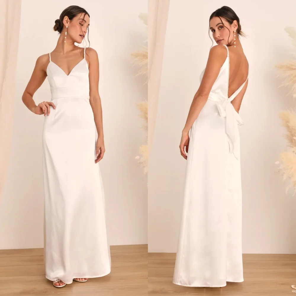 Lulus Ready For Forever White Satin Pearl Tie-Back Maxi Dress M Wedding Party